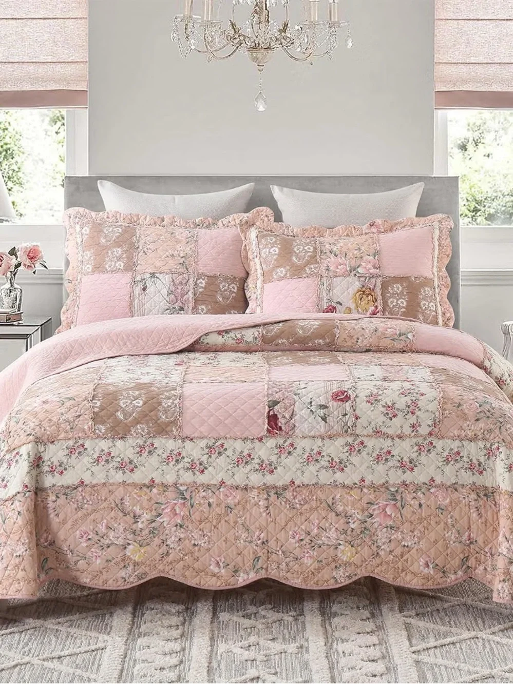 Queen Size Patchwork Pink Floral Quilt Set Vintage Shabby Chic Botanic